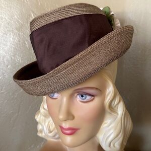STUNNING 1960s' TAN FEDORA WITH BROWN WIDE  BAND + FABRIC FLOWER